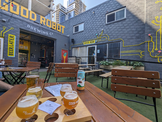 Drinks outside in the Good Robot garden